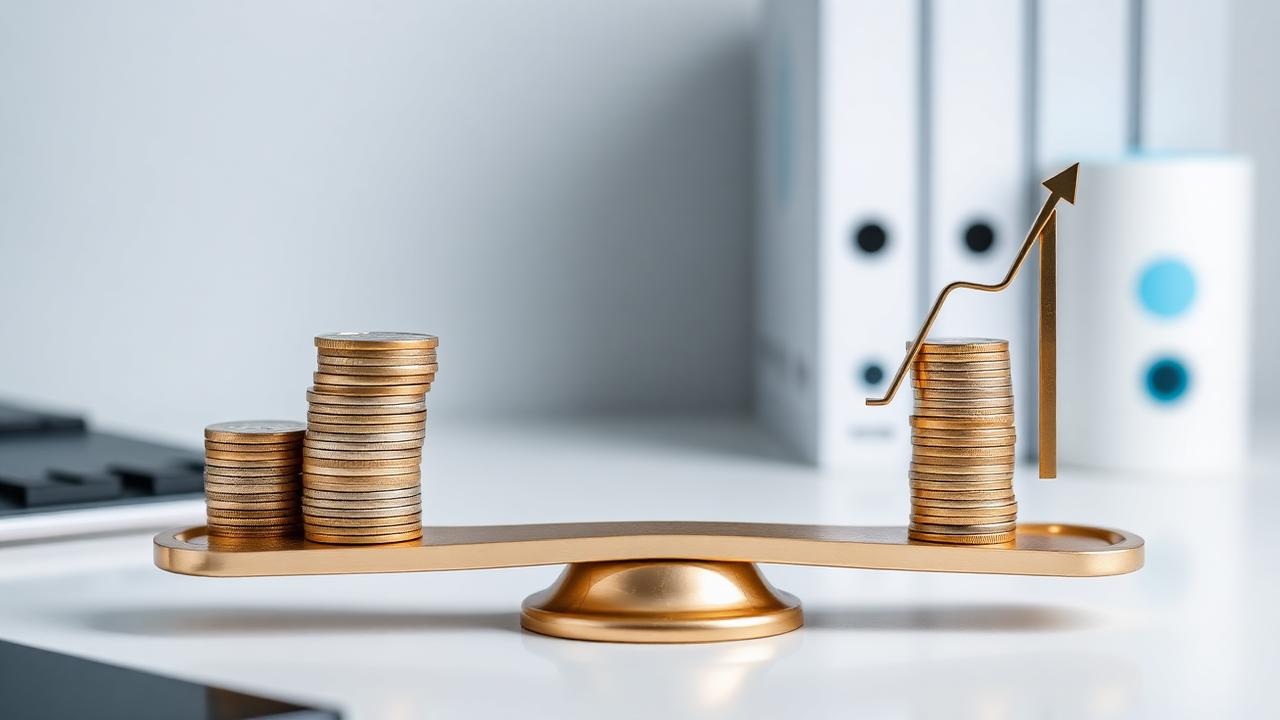 A balanced scale weighing stacks of coins against an upward stock market arrow, representing the choice between paying down debt and investing.