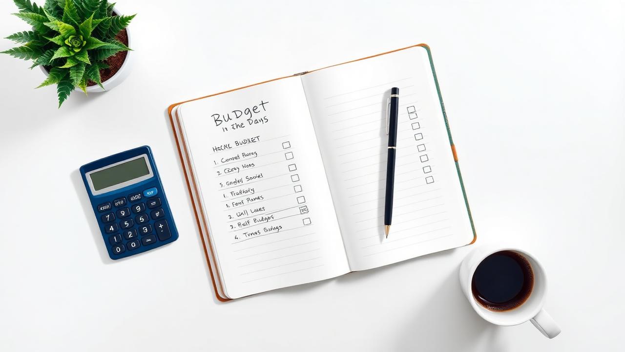 Open budget notebook with handwritten categories, a calculator and a cup of coffee on a clean white desk.