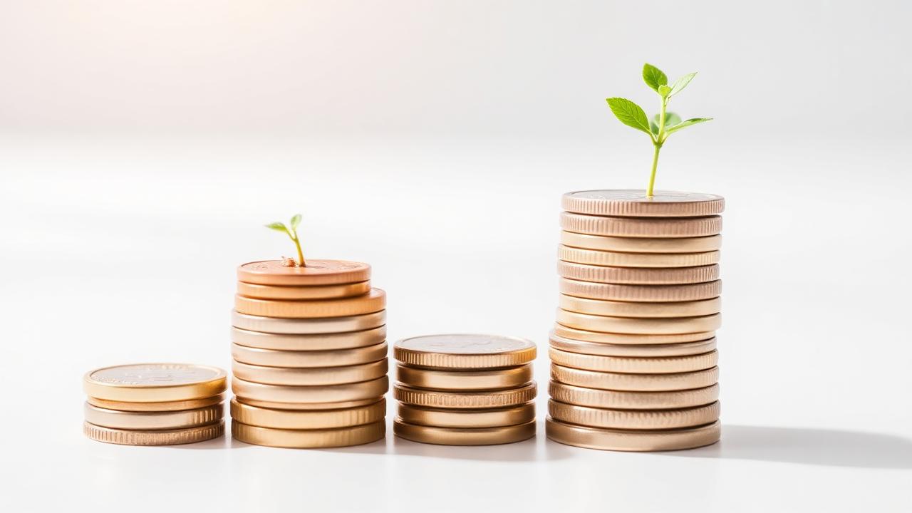 Three growing stacks of coins with small green plant sprouts on top, representing small money habits compounding over time.