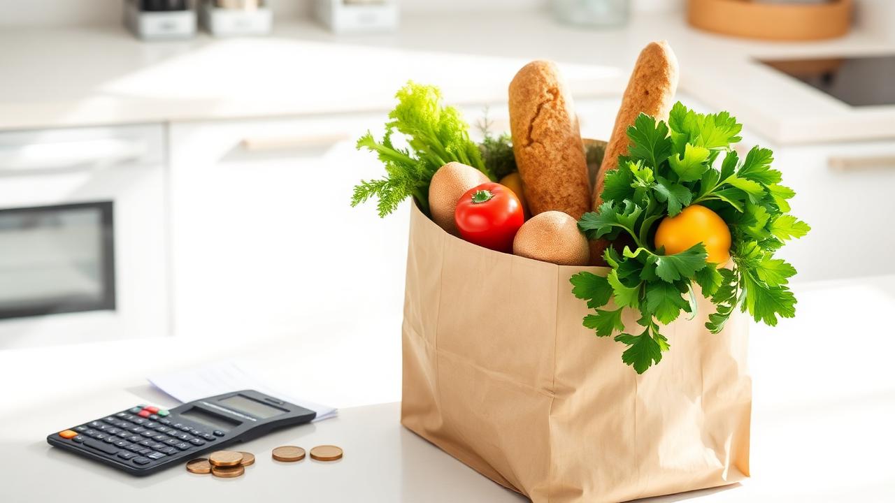 Brown paper grocery bag filled with fresh vegetables and bread on a kitchen counter, beside a calculator, shopping list and coins.