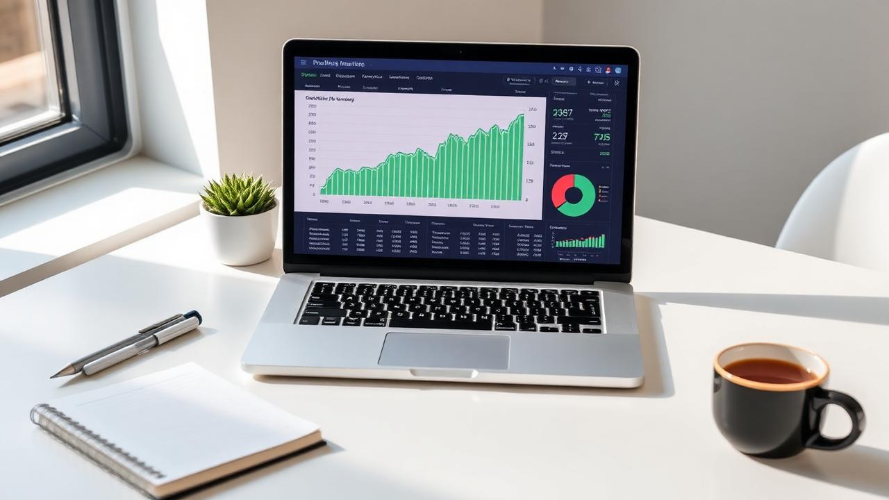 Laptop on a bright desk showing an investment portfolio dashboard with green upward stock charts, beside a notebook and coffee mug.